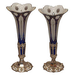 Pair Antique Cobalt Blue "Cut to Clear" 19th Century Vases