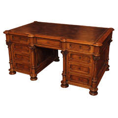 Antique French Walnut Well-Carved Pedestal Desk
