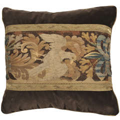 19th Century Tapestry and Velvet Pillow with Bird and Bow