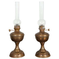 Pair 19th century brass hurricane lamps