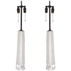 Pair of Solid Faceted Crystal Column Table Lamps by Venini