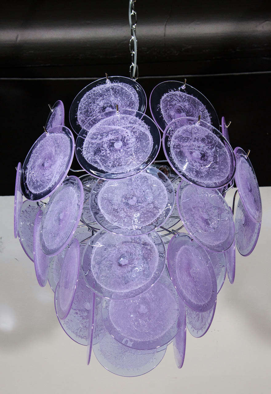 Contemporary Modernist Handblown Murano Tranluscent Lavender Four-Tier Disc Chandelier