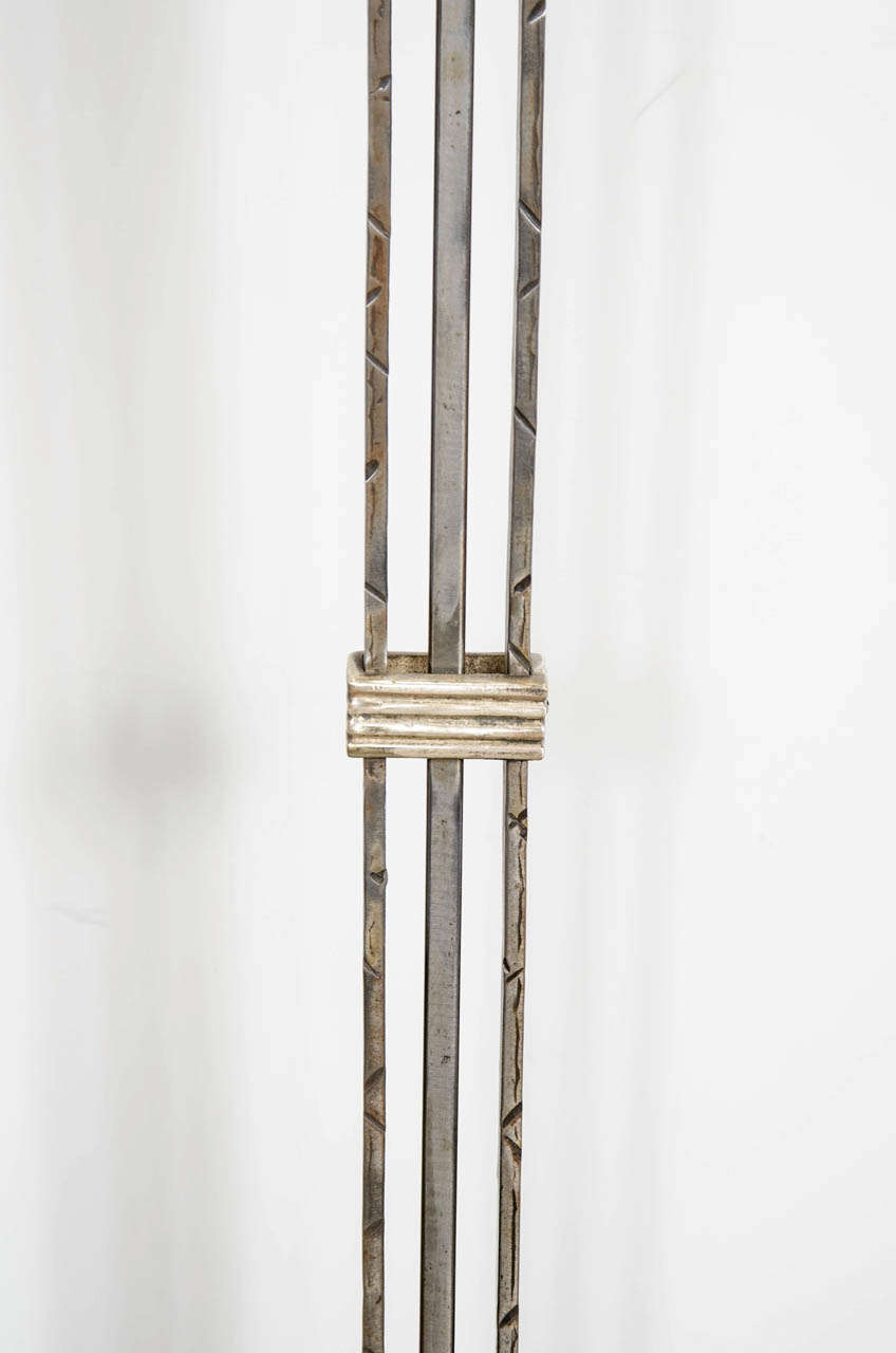 20th Century Art Deco Floor Lamp In Silvered Wrought Iron with Relief Frosted Glass