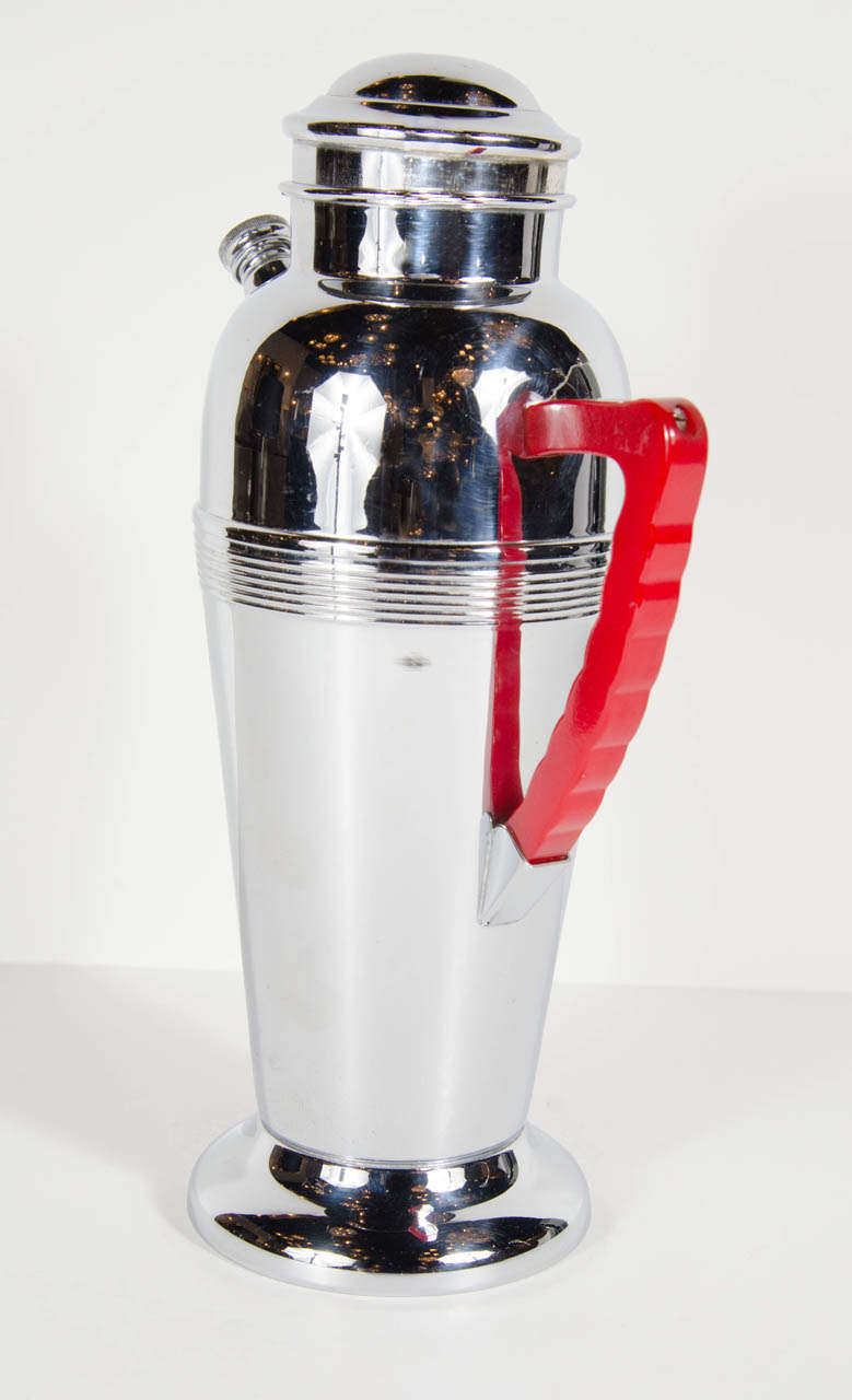 Art Deco Machine Age Cocktail Shaker with Red Bakelite Handle