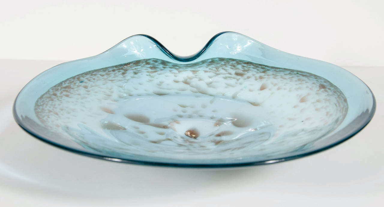 Organic Mid-Century Modernist Teal Murano Glass Bowl In Excellent Condition In New York, NY