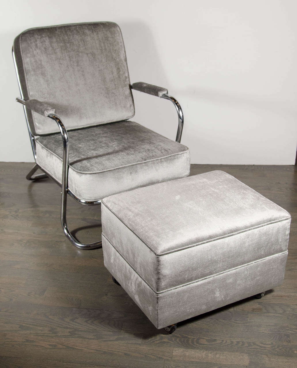 Pair of Art Deco Machine Age Arm Chairs & Ottomans in Style of Wolfgang Hoffmann
