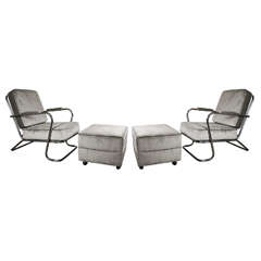 Pair of Art Deco Machine Age Arm Chairs & Ottomans in Style of Wolfgang Hoffmann