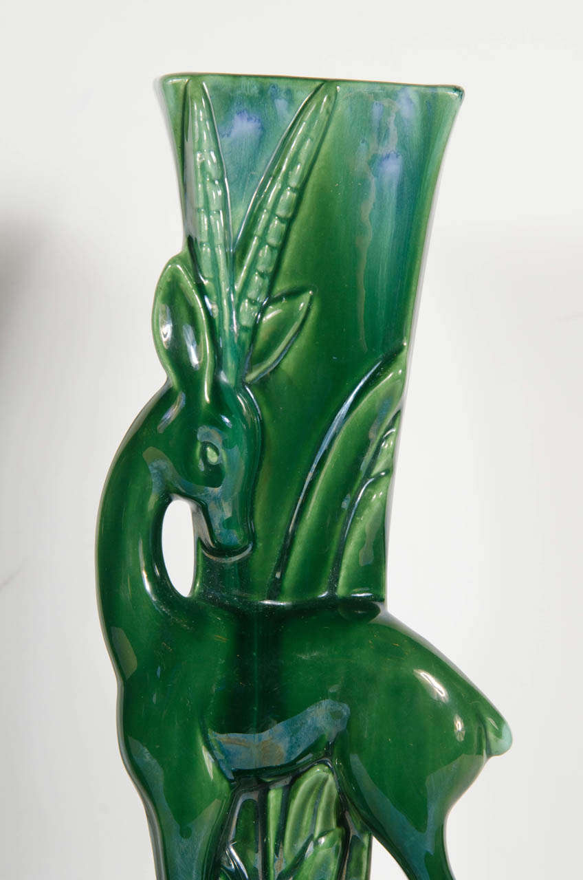American Pair of Art Deco Leaping Gazelle Ceramic Vases