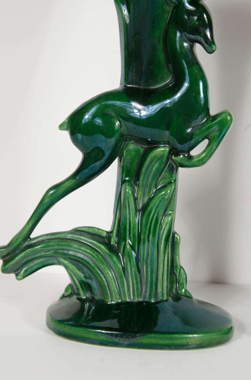 20th Century Pair of Art Deco Leaping Gazelle Ceramic Vases