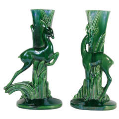 Pair of Art Deco Leaping Gazelle Ceramic Vases