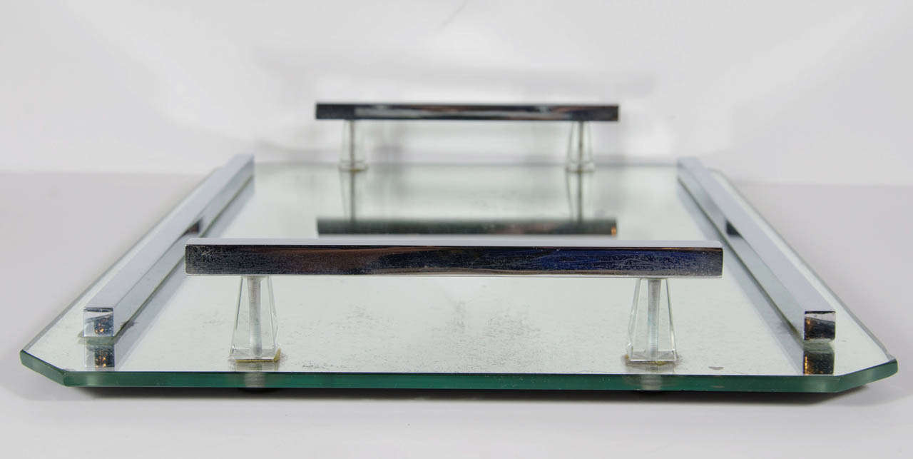 20th Century Art Deco Bar Tray in Antique Mirror with Chrome and Crystal Fittings