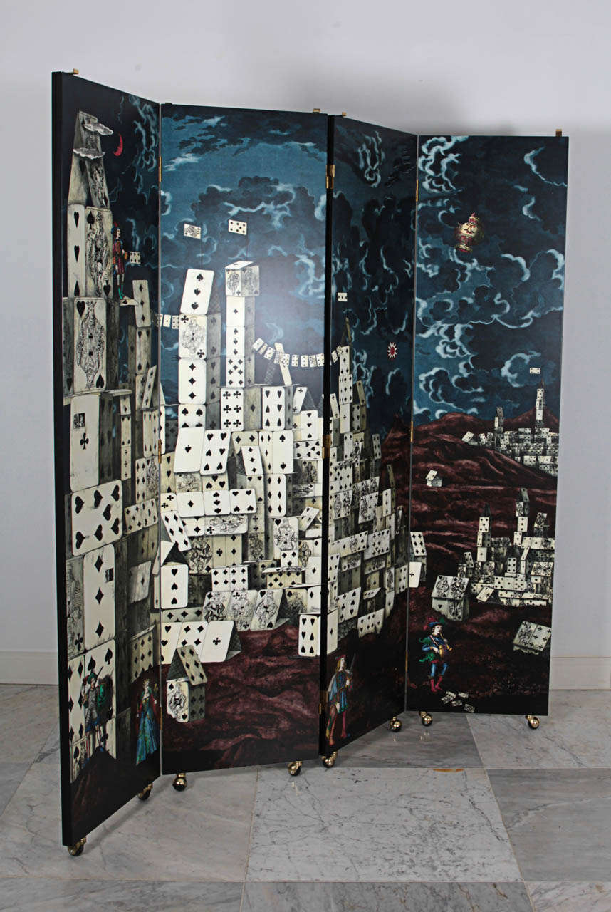 Four-panel folding screen on casters designed by Piero Fornasetti, picturing his famed theme 