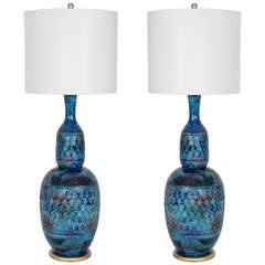 Pair of Blue Stampato Ceramic Lamps by Bitossi