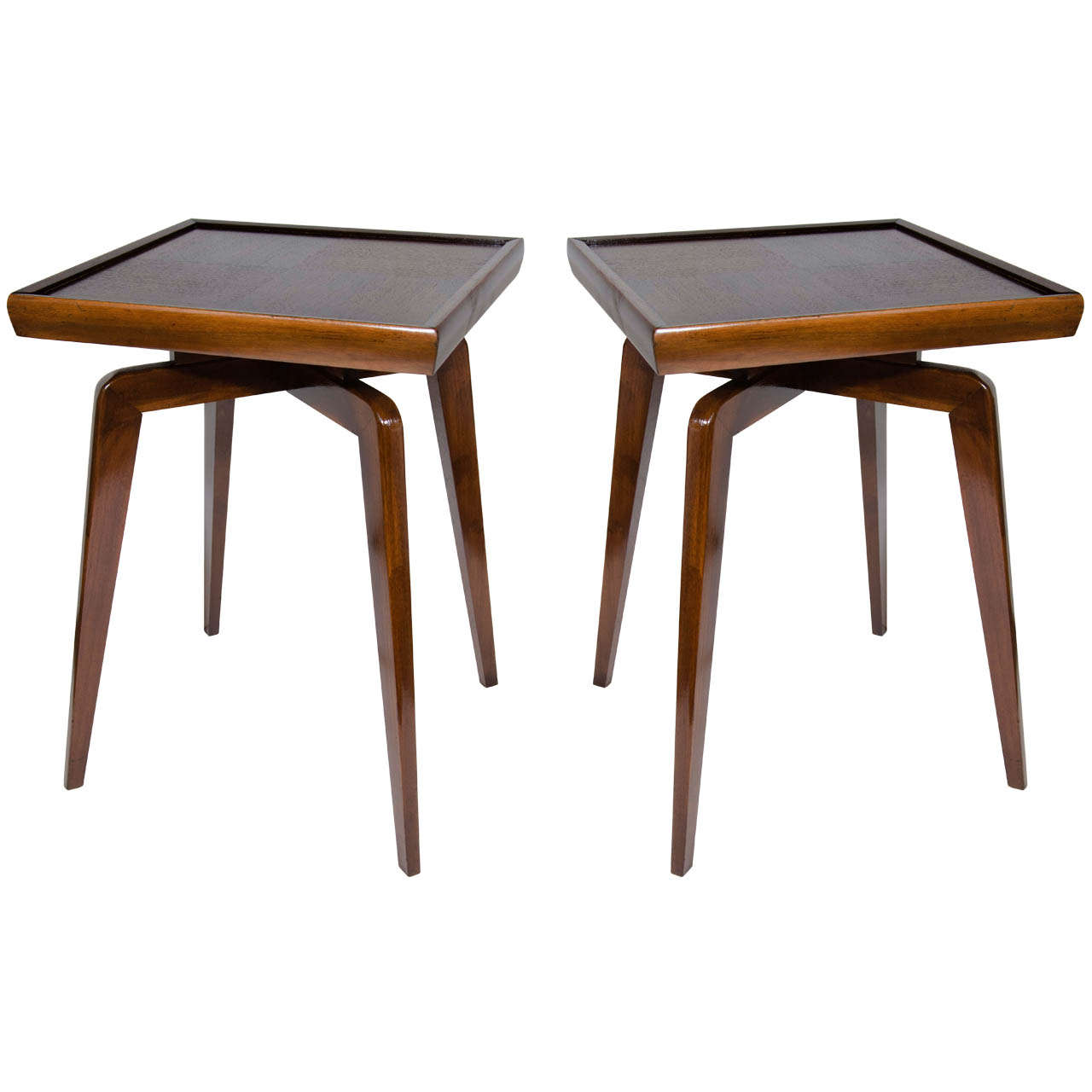 Pair of Mid Century Modern Walnut Wood Side Tables with Spider Leg Design
