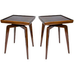 Pair of Mid Century Modern Walnut Wood Side Tables with Spider Leg Design