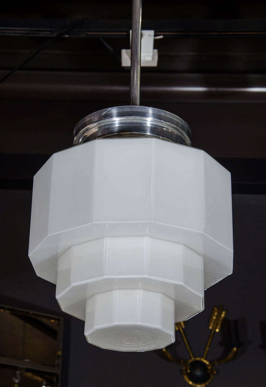 Pair of Art Deco Chandeliers With Skyscraper Opaline Glass Design