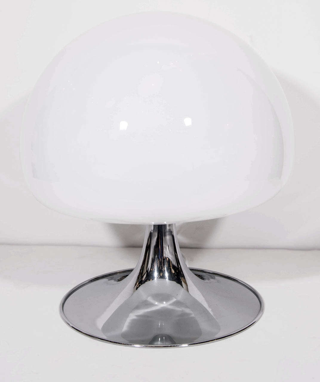Pair of sculptural table lamps with opaline glass domes and stylized tulip bases in chrome. The lamps have a spectacular  design with a modern mushroom form. Signed/Stamped Reggiani. Newly rewired and fitted with on/off switch on cord wires.