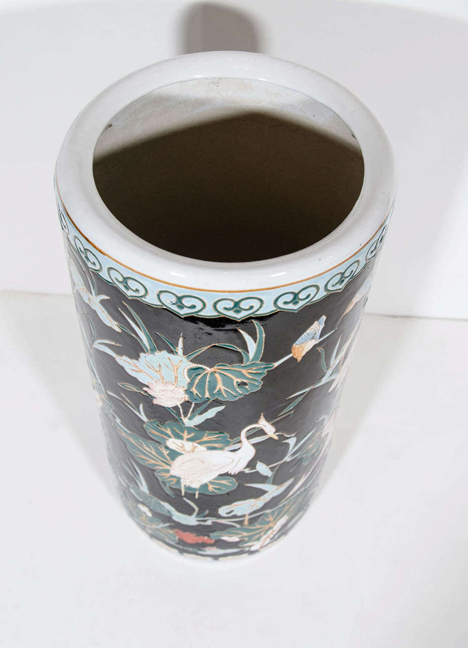 Exquisite Porcelain Umbrella Stand with Hand Painted Oriental Designs In Excellent Condition In Fort Lauderdale, FL