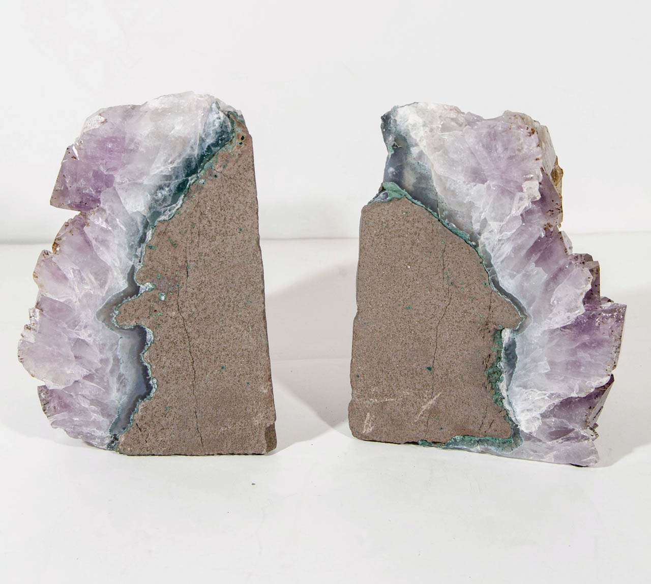 Brazilian Pair of Large and Exquisite Amethyst Crystal Bookends with Rare Citrine Center Details