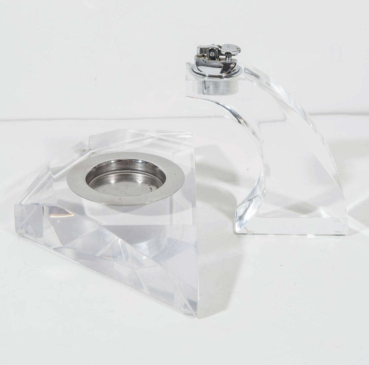 1970's Modernist Cigarette Lighter and Ashtray Desk Set in Lucite