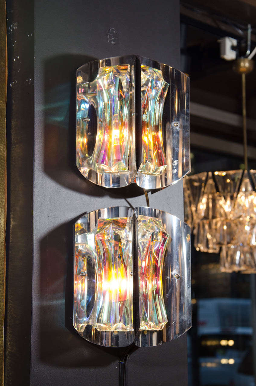 Pair of Iridescent Cut Crystal & Chrome Sconces Designed by Lobmyer