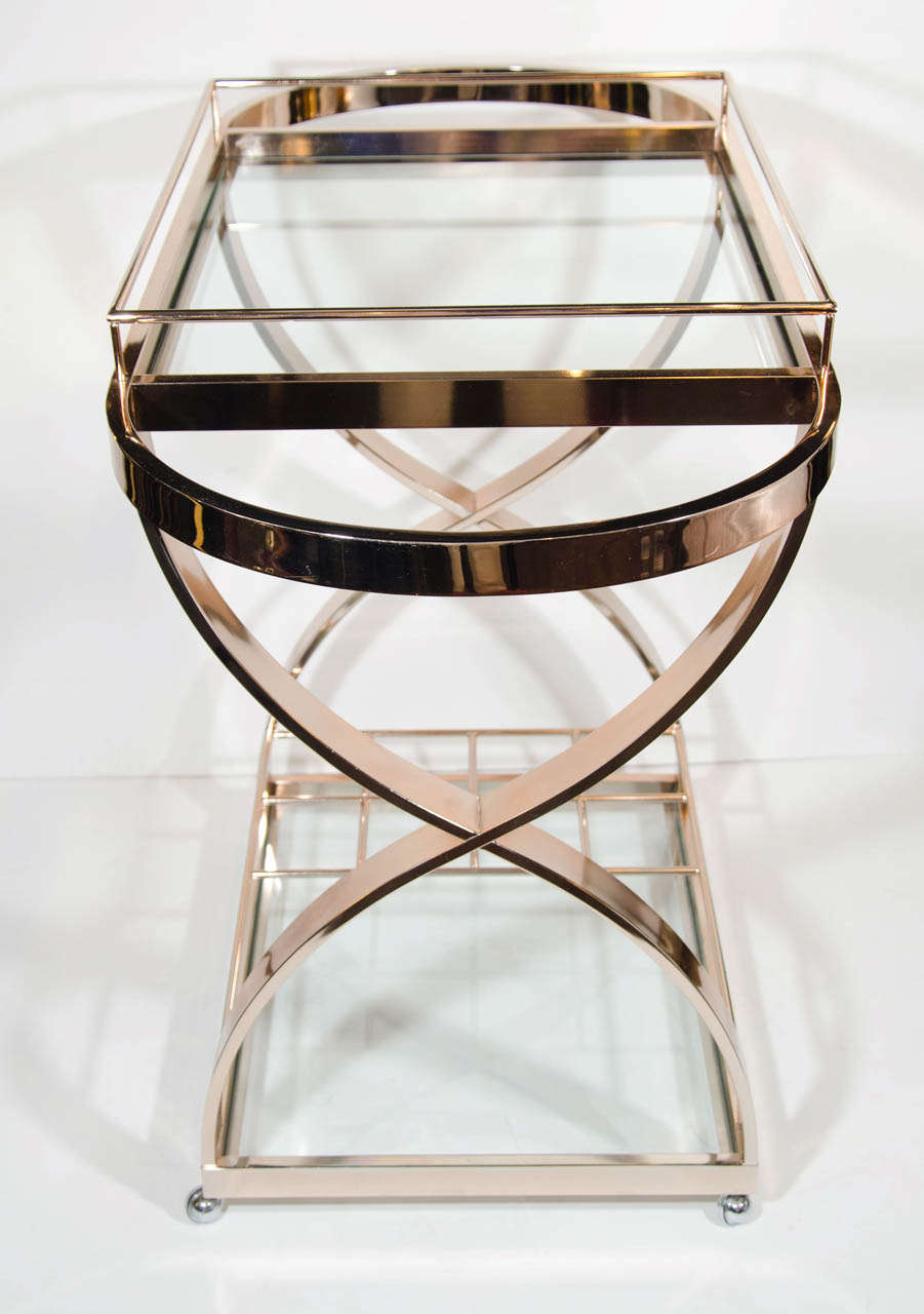 Luxe Modernist Bar Cart in Rose Gold Metal with "X" Frame Design at 1stDibs