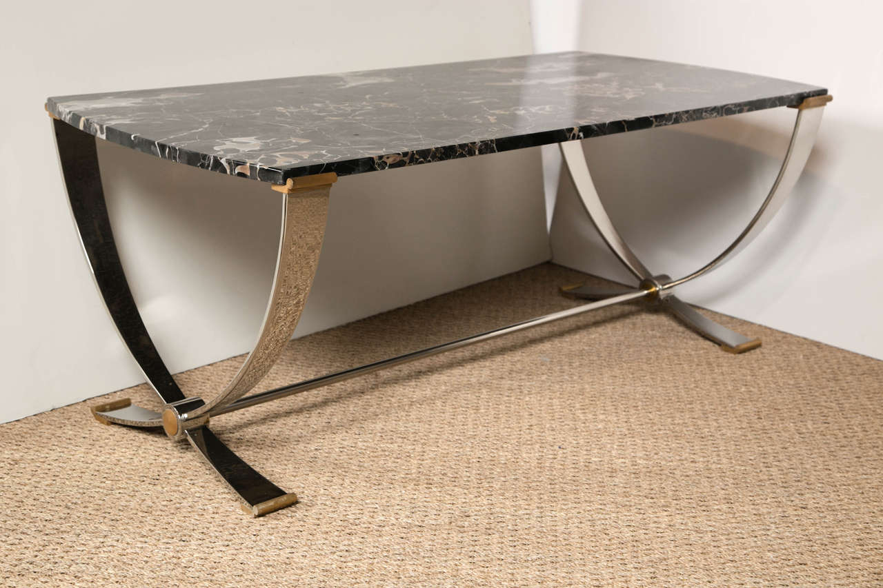 Ruithmanesque Chrome & Brass Coffee Table with marble top In Good Condition For Sale In Stamford, CT