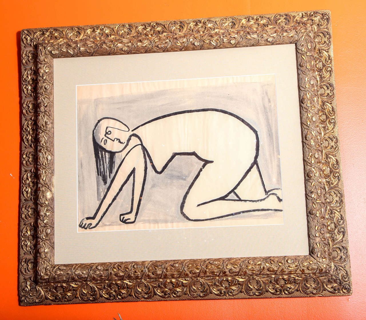 A master work on paper, gouache, framed in an antique gold frame, circa 1950.