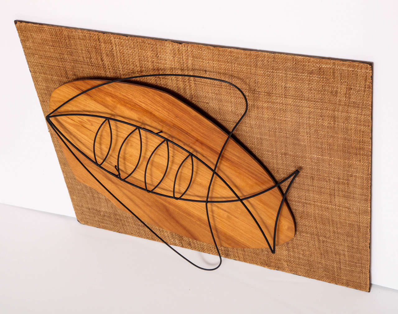 Mid-Century Modern Wall Sculpture, Mid-Century, Fish Motif, Wood & Linen, C 1950, Modern Art Work For Sale