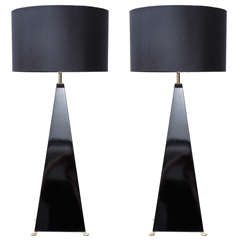 Jansen Black Lacquer Pyramid Lamps