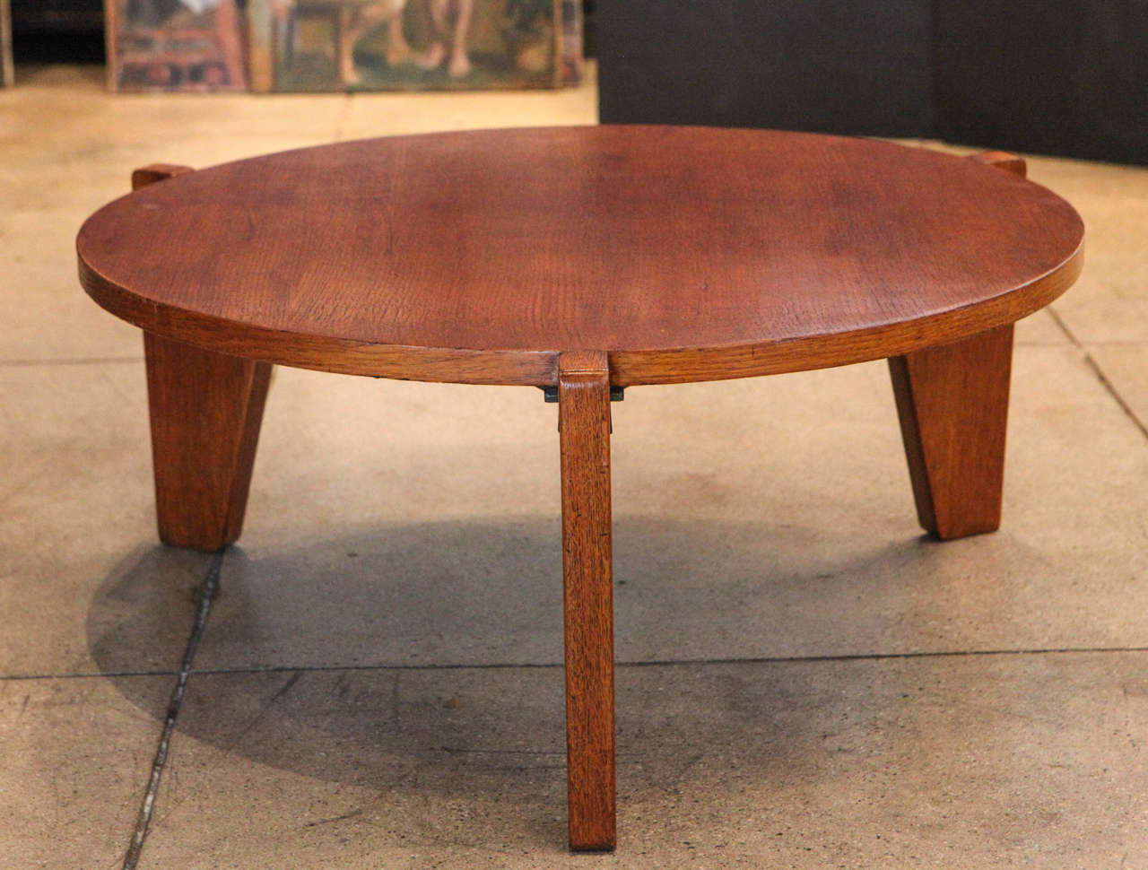 Jean Prouve's bas coffee table in oak and original steel enameled deep green frame.