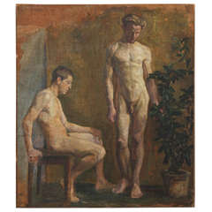 "Study of Two Models, " Oil on Canvas Painting, Denmark, 1920s