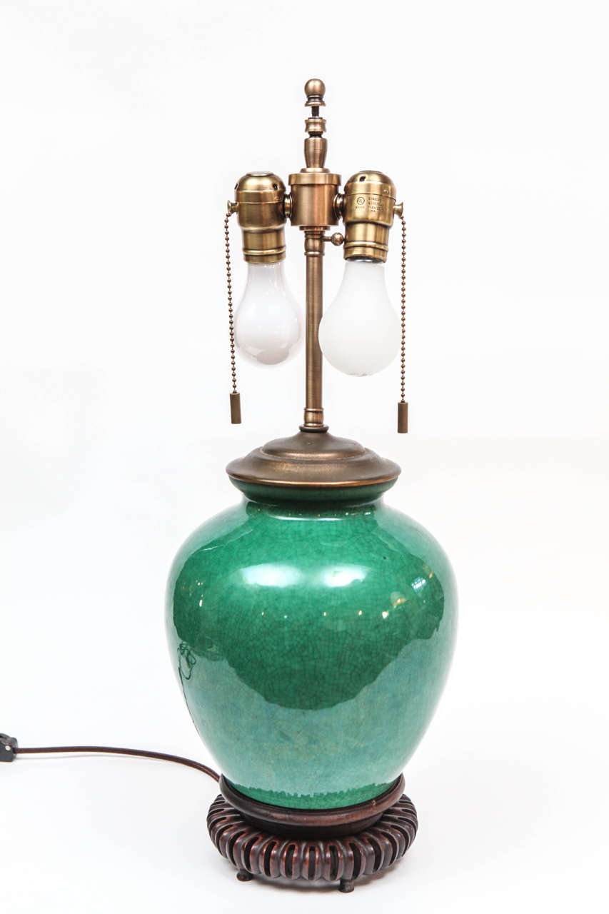 Chinese Green Crackle Glazed Jar circa 1840, Mounted as a Lamp In Excellent Condition In Los Angeles, CA