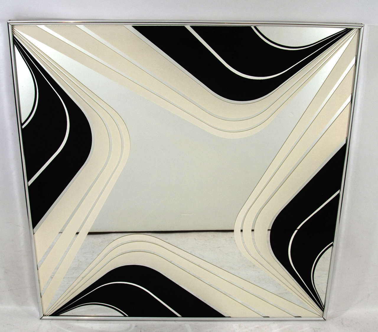 Wonderful mirror silk screened with a black and white motif. Please contact for location.
