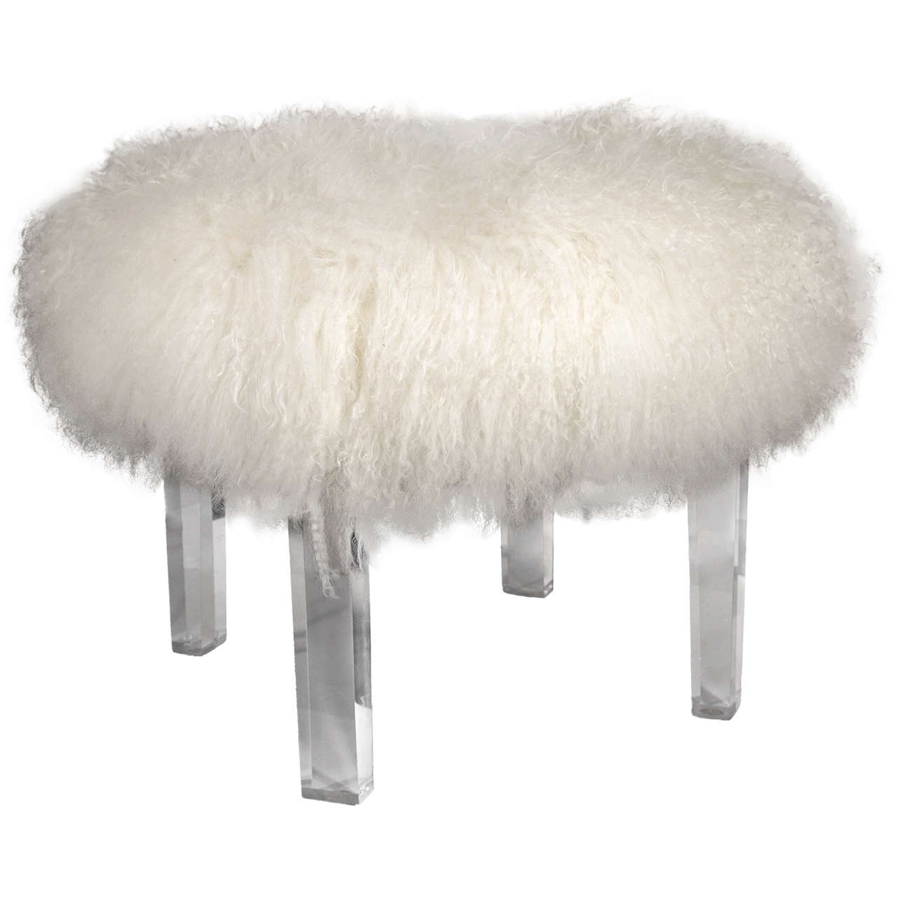 Tibetan Lamb's Wool Ottoman with Lucite Legs For Sale