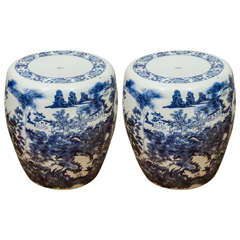 Vintage Pair of Blue and White Porcelain Garden Stools