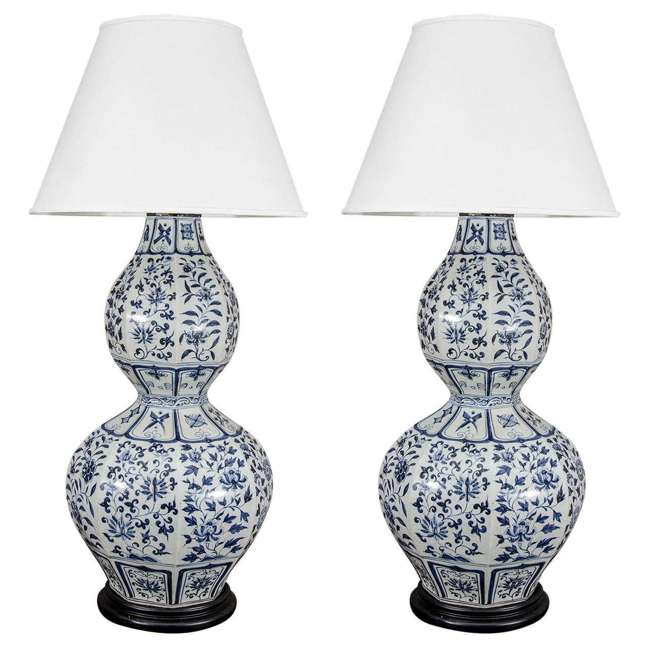 Pair of Large Chinese Blue and White Double Gourd Calabash Vases, Wired as Lamps