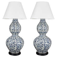 Pair of Large Chinese Blue and White Double Gourd Calabash Vases, Wired as Lamps