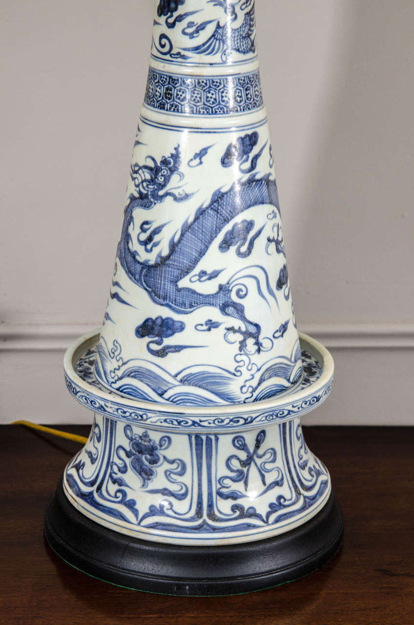 Qing Pair of Chinese Blue and White Porcelain Incense Burner Vases, Wired as Lamps