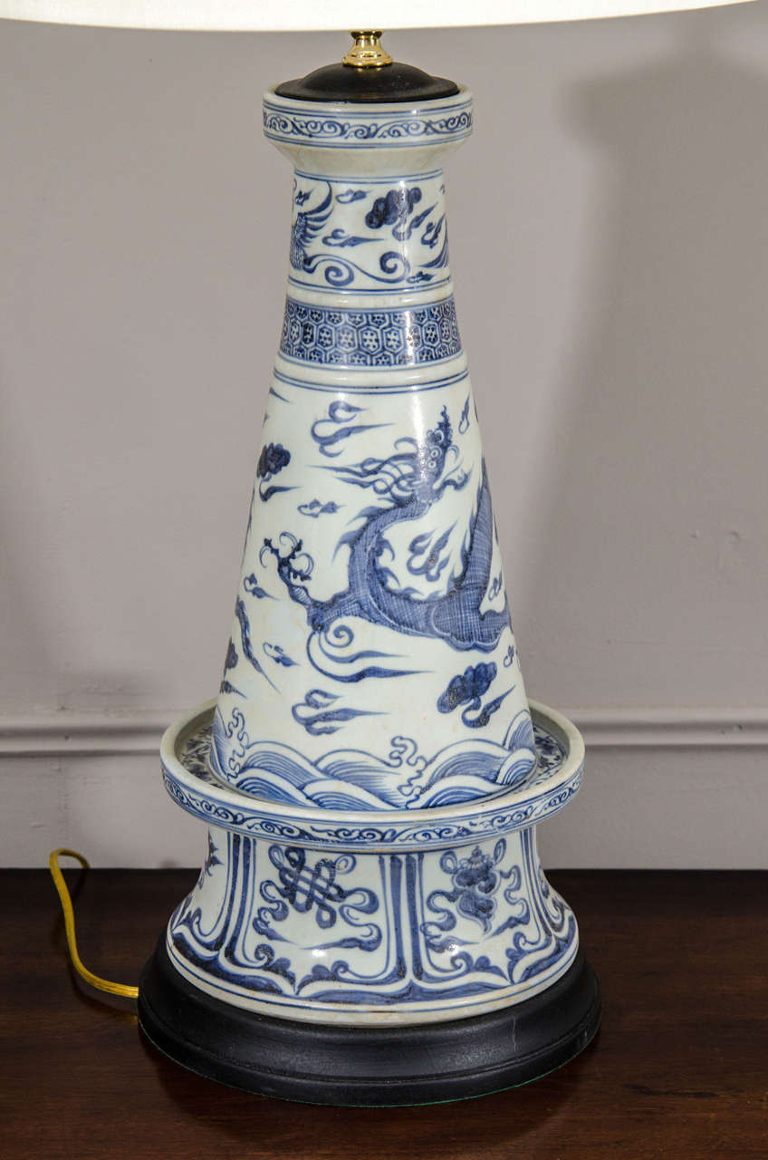 Pair of Chinese Blue and White Porcelain Incense Burner Vases, Wired as Lamps 1