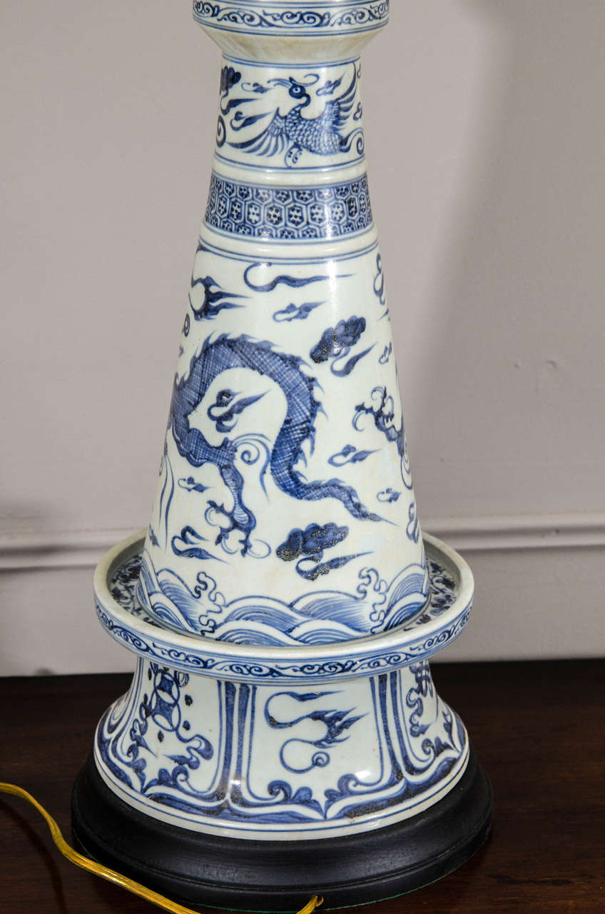 Pair of Chinese Blue and White Porcelain Incense Burner Vases, Wired as Lamps 2