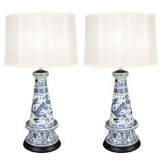 Pair of Chinese Blue and White Porcelain Incense Burner Vases, Wired as Lamps