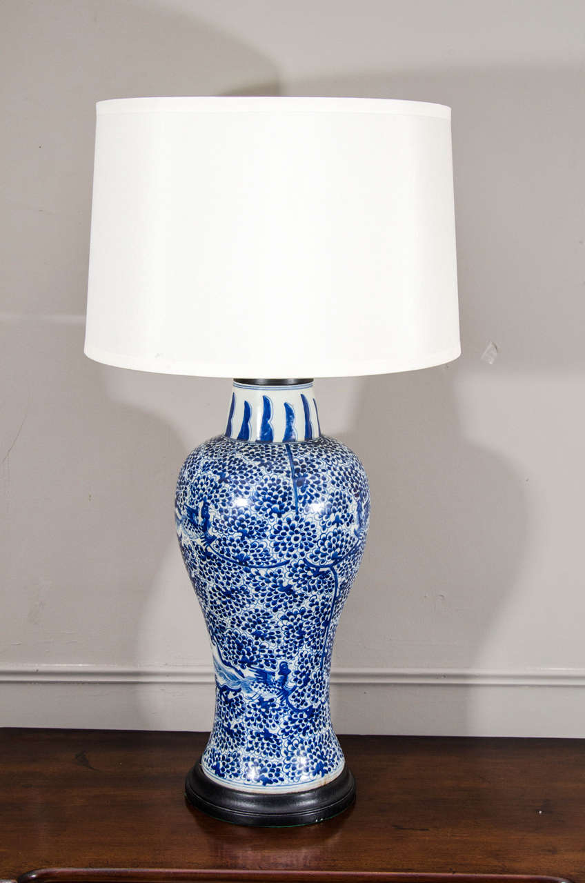 Pair of blue and white baluster shaped lamps, shades not included.