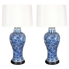 Pair of Blue and White Porcelain Baluster Shaped Lamps