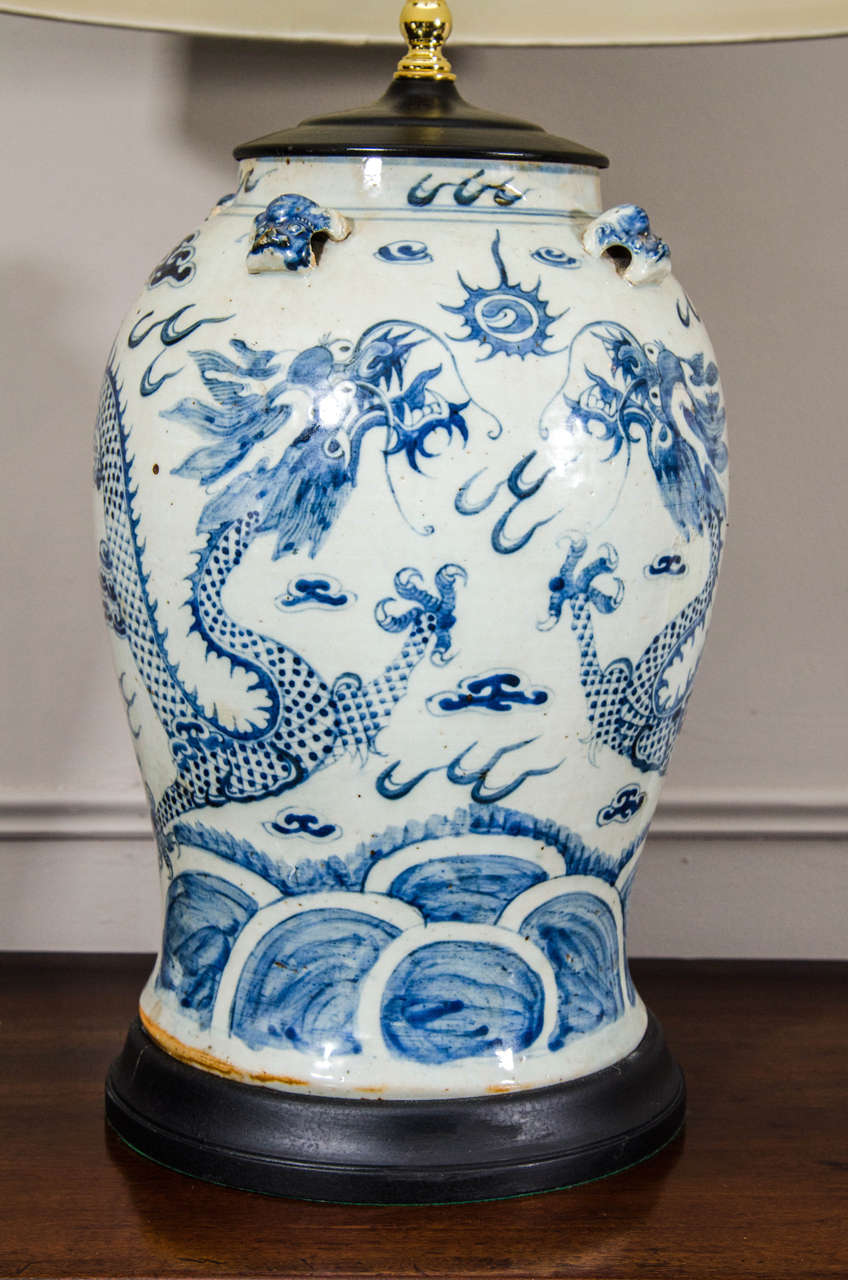 Chinese Pair of 19th Century Blue and White Temple Jar Lamps
