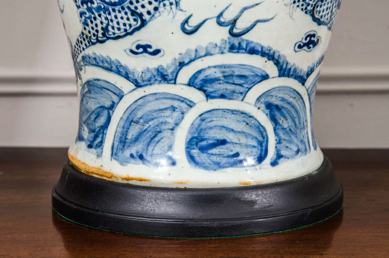 Pair of 19th Century Blue and White Temple Jar Lamps In Excellent Condition In New York, NY