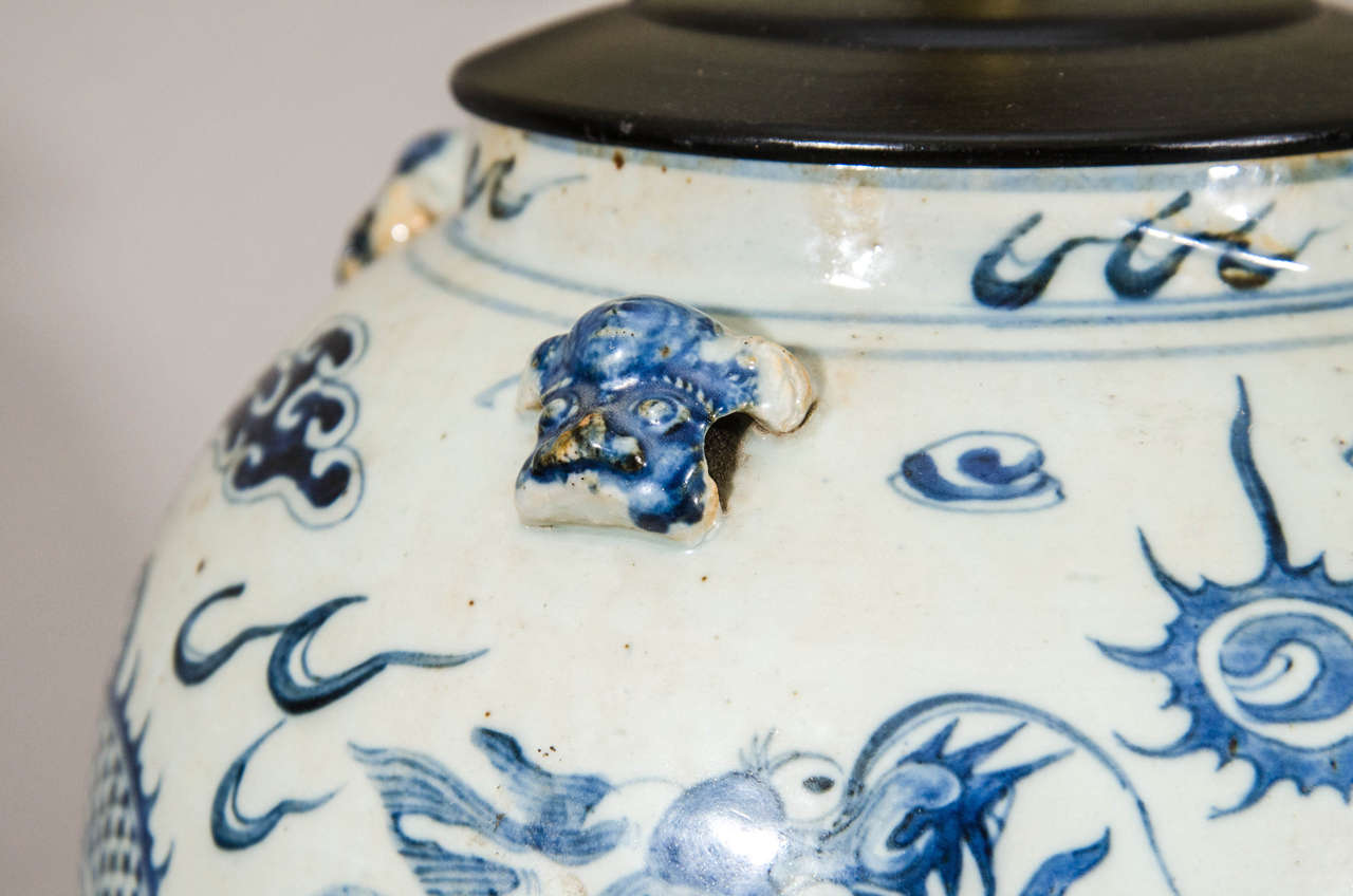 Porcelain Pair of 19th Century Blue and White Temple Jar Lamps