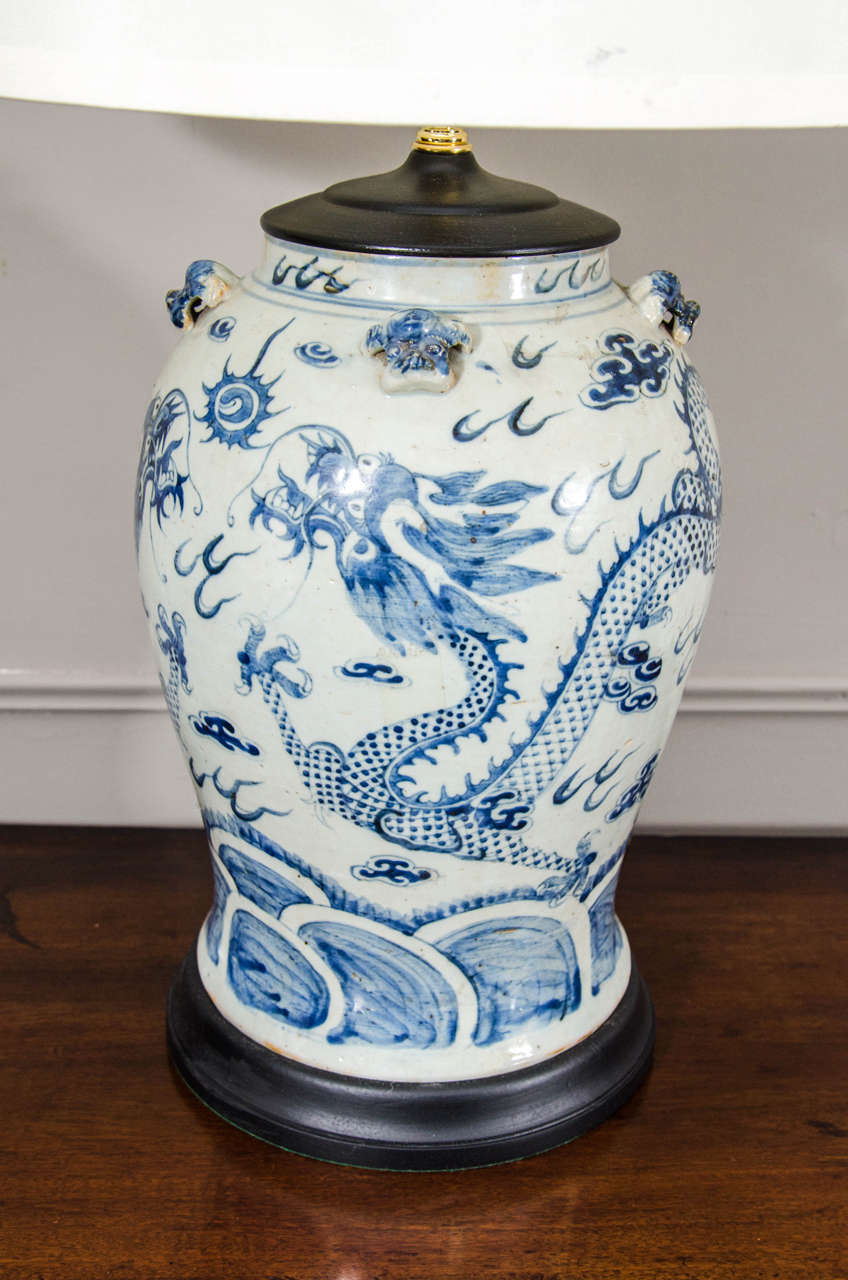 Pair of 19th Century Blue and White Temple Jar Lamps 1
