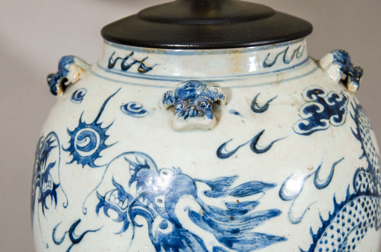 Pair of 19th Century Blue and White Temple Jar Lamps 2