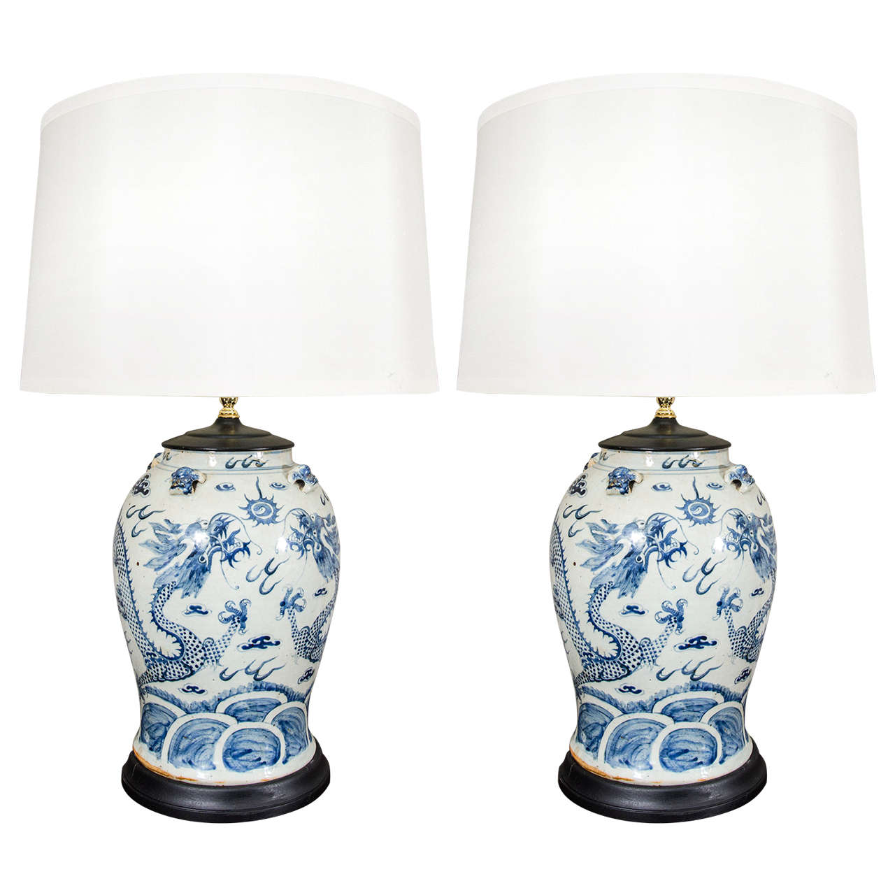 Pair of 19th Century Blue and White Temple Jar Lamps